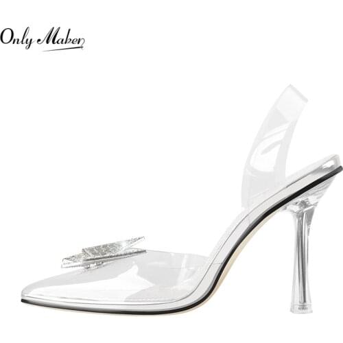 Onlymaker Pointed Toe Stiletto Heel Pumps Transparent Metal Heel Slip-on Pumps PVC Butterfly Clasp Metal Decoration Jelly Shoes