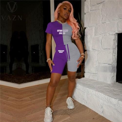 VAZN 2021 Summer Bandage Special Letter Patchwork Holiday Short Sleeve O-neck Two Piece Set 2 Piece Set Women Top And Pant