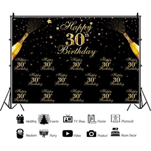 Black Gold Theme 30th Birthday Party Backdrops Photocall Vinyl Background Decorations for Family Portrait Photography Props