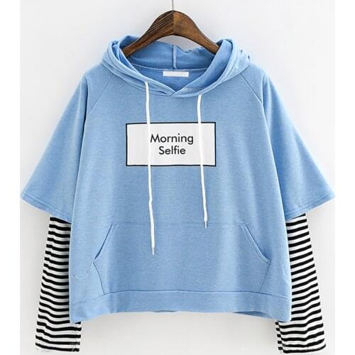 Women Patchwork Striped Sleeve Harajuku Hooded Sweatshirt Morning Selfie letters Print Loose Hoodies Autumn Winter Clothes A40