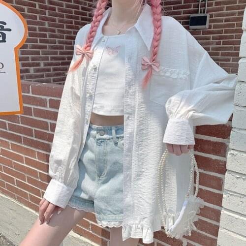 Deeptown Linen Shirt Women Long Sleeve Sun Proof Ruffle Top Korean Style 2021 Summer Blouse Pink Cardigan Casual Solid Clothing