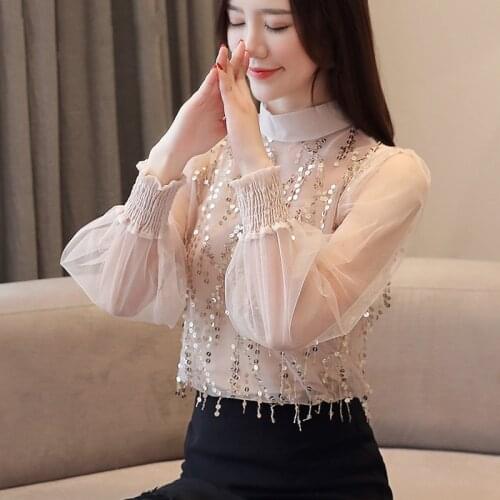 Sequined Womens Chiffon Blouse Autumn Knit Long Sleeve Shirt Fashion Collar Womens Top Korean Elegant Slim Basic Clothes