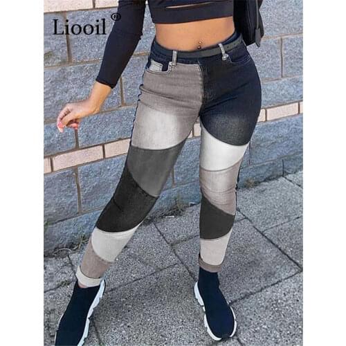90s Color Block Boyfriend Skinny Jeans For Women Streetwear Black Blue Contrast Stitch High Waisted Pencil Pants Denim Trousers