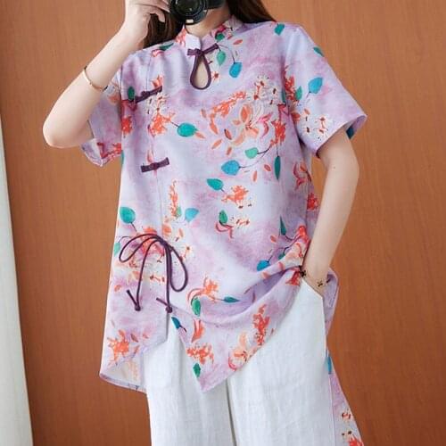 Women Summer Loose Casual T-shirts New Arrival 2021 Chinese Style Vintage Floral Print Ladies Short Sleeve Elegant Tops S4042
