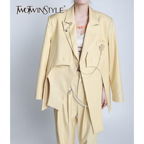 TWOTWINSTYLE Elegant Solid Irregular Blazer For Women Notched Long Sleeve Patchwork Straight Blazers Female Spring Fashion Style