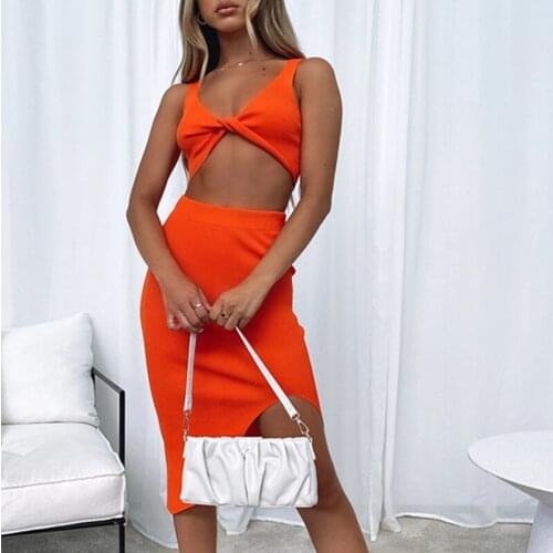 Women Knitted 2PCS Outfits Twist V Neck Sleeveless Crop Top+Split Skirts High Waist Bodycon Clothes Party Club Solid Color Femme