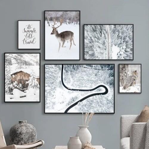 Winter Forest Snow House Deer Owl Town Wall Art Canvas Painting Nordic Posters And Prints Wall Pictures For Living Room Decor