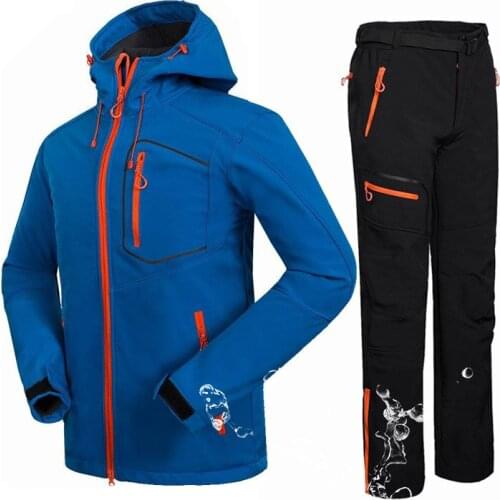 Winter Male Soft shell Jacket +Pants Waterproof Warm Mountain Camping Hiking Jacket Outdoor Fleece Breathable Windbreaker Jacket