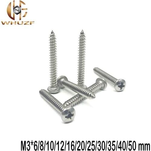 100pcs M3*6/8/10/12/16/20/25/30/35/40/50 mm GB845 SUS304 Electronic Screw Cross Recessed Phillips Round Pan Head Self Tapping