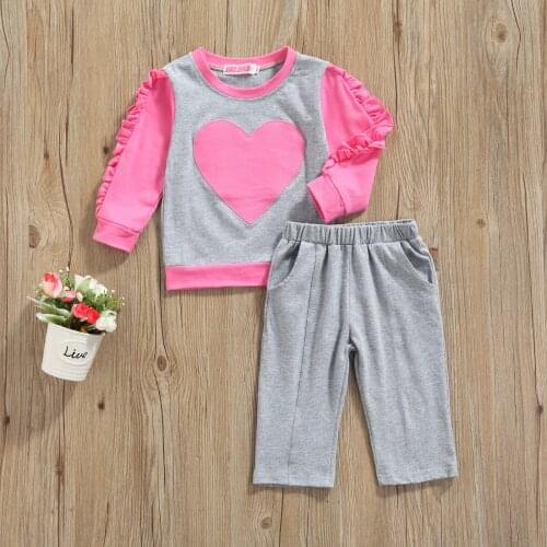 2 Pcs Spring Kids Girls Casual Clothes Sets, Heart Pattern Long Sleeves O-neck Ruffle Tops + Solid Color Trousers with Pockets