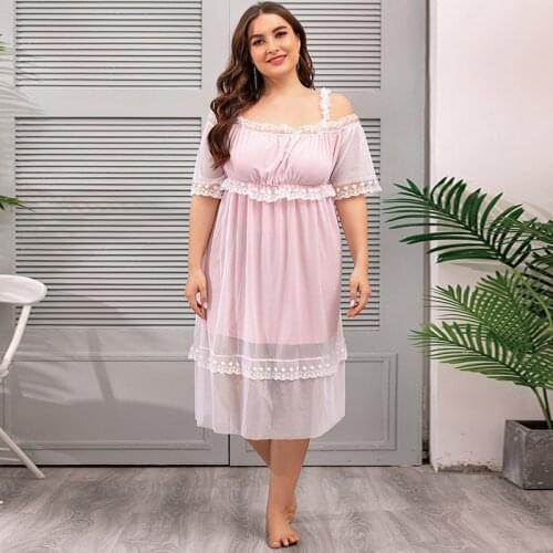 4XL Plus Size Women Dress 2021 Summer Fashion Slash Neck Off Shoulder Sexy Night Dress Lace Patchwork Elegant Home Clothes