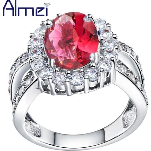 Almei 40% off Silver Color Ring with Stones Pink Crystal Anillos Rhinestone Anel Women Wedding CZ Zircon Rings Jewelry J469