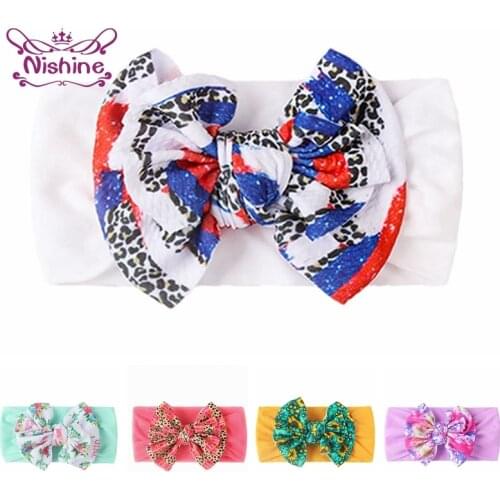Nishine Double Layer Print Bowknot Infant Hairband Cute Cartoon Bows Nylon Headband Baby Headwear Hair Accessories Photo Props
