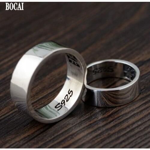 BOCAI New Real S925 Silver 2021 Trendy Men and Women Couple Ring Retro Light Plain Noodles Hold Your Hand and Grow Old Together