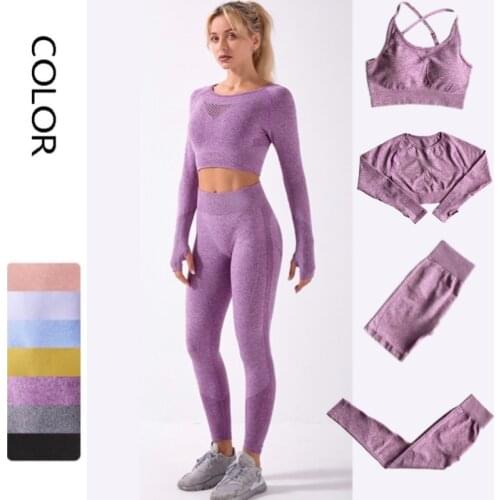 New 2/4Pcs Seamless Sport Set Women Hollow Out Crop Top Long Sleeve Yoga Suit Workout Outfit Running Leggings Fitness Sportwear