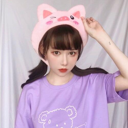 Korean Soft Girl Cartoon Pink Headgear Japanese Cosplay Sweet Cute Plush Warm Pig Hat Mask Kawaii Women Headwear Fashion Cap