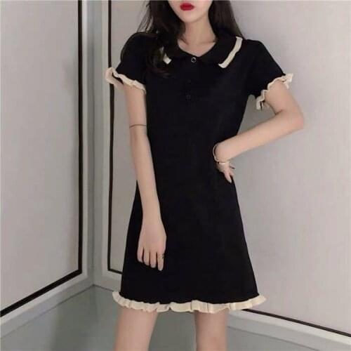 Short Puff Sleeve T Shirt Dress Women 2021 Korean Fashion New Summer Mini Black Wood Ear Patchwork Polos Lapel Vestidos De Mujer