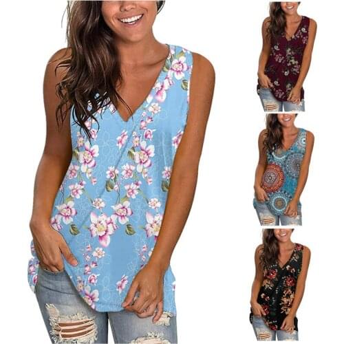 Summer New Ladies Fashion Top Sexy V-neck Floral Print Sleeveless Pullover Vest Casual Loose Daily Commuter T-shirt For Women