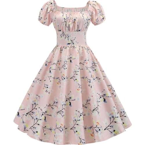 40%HOT Vintage Women Floral Print Short Sleeve Waist Tight Large Swing Lolita Midi Dress