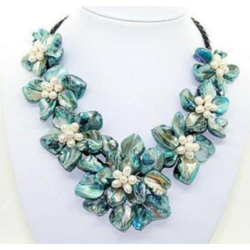 Fashion AAA Handmade Freshwater Pearl Blue Sea Shell Flower Leather Necklace 18"