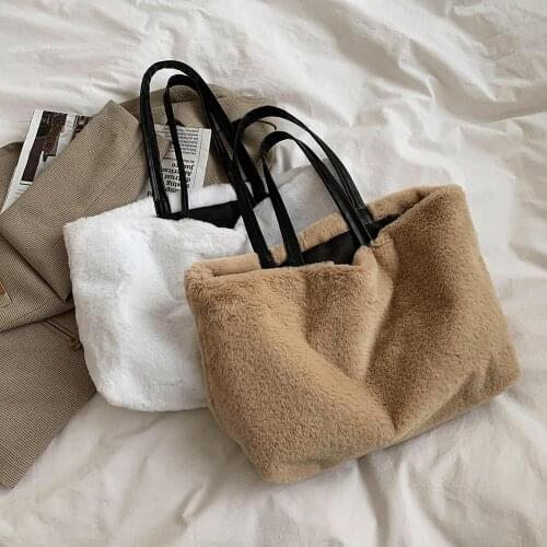 Fashion Solid Color Shoulder Bags Casual Women Autumn Winter Soft Plush Top-handle Bag Large Capacity Commuter Totes