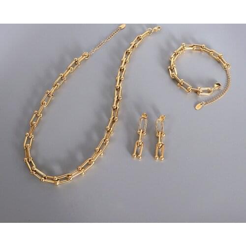 YAONUAN Fashion Jewelry Sets For Women Gold Plated U-Shape Horseshoe Buckle Necklace/Earrings/Bracelet Trendy Party Accessories