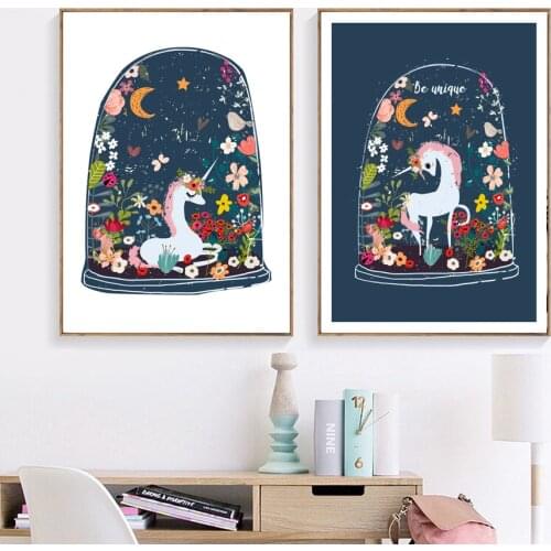 Cartoon Unicorn Print Canvas Painting Mural Poster Nordic Animals Flowers Wall Painting Decoration Childrens Room Kindergarten