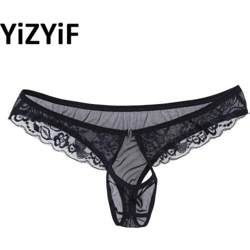 Mens Black Sexy Lingerie Underwear Mesh See-through Lace Transparent Briefs With Front Hole Underpanties