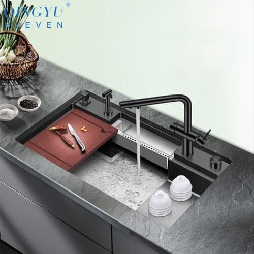 SUS 304 Stainless Steel Nanometer Black Large Size Kitchen Step Sink 4mm Thickness Handmade Step Single Kitchen Sinks