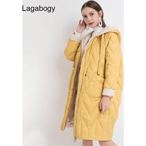 Lagabogy 2021 New Winter Warm Coat Women Knit Patchwork Hooded Parkas White Duck Down Puffer Jacket Female Long Loose Outwear