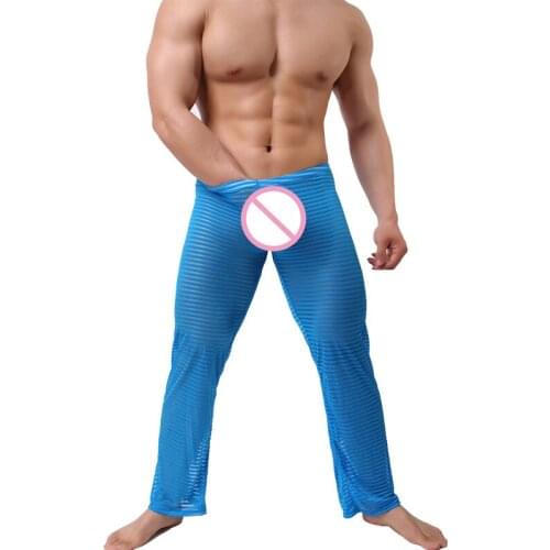Sexy 2018 Fashion Stripe Mesh Transparent Men Sexy Soft Comfortable Long Pajama Bottoms Gay Funny Silk Lounge Bottoms Loungewear