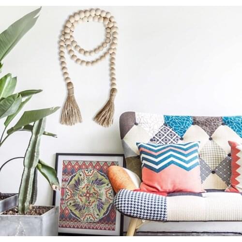Nordic Wood Beads Garland With Tassel Farmhouse Beads Rustic Country Kids Home Wall Decor Kid Room Wall Hanging Home Ornament