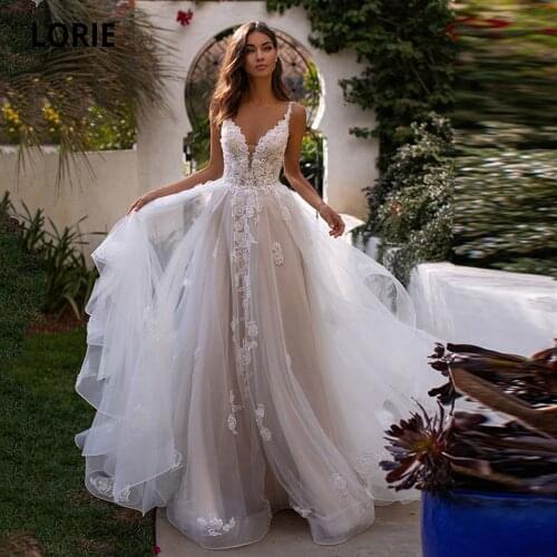 LORIE Princess Wedding Dresses Boho Spaghetti Straps V-neck Backless Bridal Gowns Lace Appliques Sweep Trian Sleeveless 2020 New