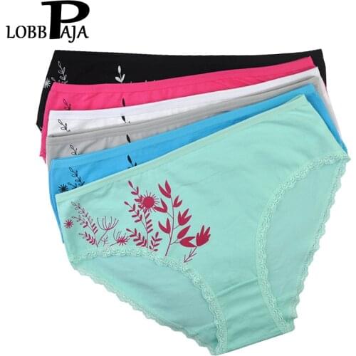 LOBBPAJA 6 PCS/lot Woman Underwear Plus Size Cotton Mid Waist Floral Sexy Lace Mothers Ladies Panties Briefs Lingerie for Women