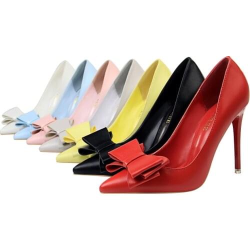 Korean fashion sweet high-heeled shoes thin heels high heels delicate thin shallow mouth pointed bow knot single shoes 9511-18