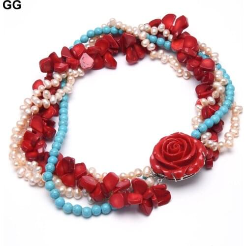 GG Jewelry 4 Rows Natural Pink Pearl Red Coral Blue Turquoise Necklace 19'' Handmade For Women