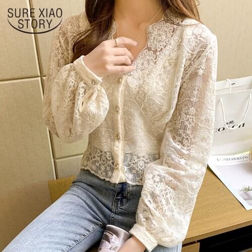 Spring Floral Embroidery Women Blouse Korean New Lace Long Sleeve Shirt 2021 Fashion Women V Neck Slim Hollow Chiffon Tops 13515