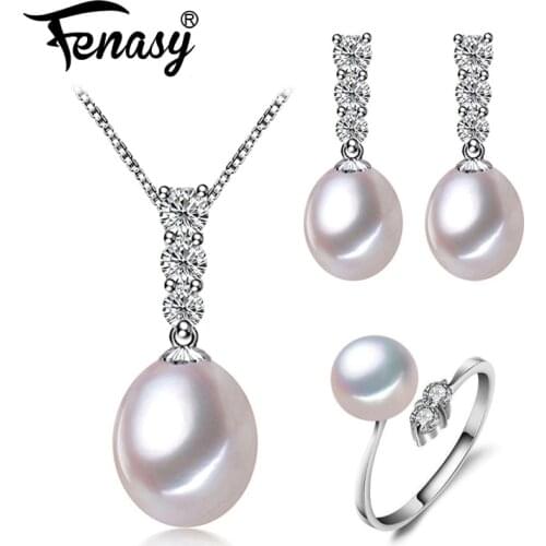FENASY 925 Sterling Silver Jewelry Sets Natural Pearl Earrings For Women Geometric Pendant With Chain Drop Earrings Party Ring