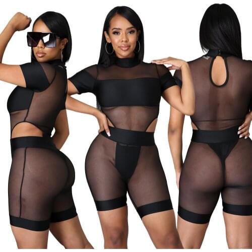 Summer New Fashion Womens Sexy One-Piece Nightclub Party Net Yarn Ultra-Thin Perspective Two-Piece Suit
