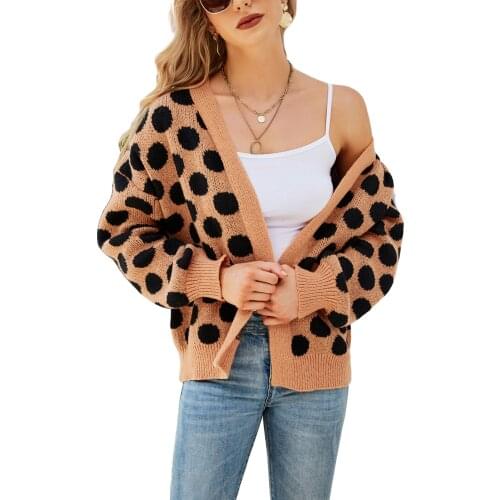 Autumn And Winter Women Cardigan Knitted Sweater Adult Color Block Polka Dot Printing Large Size Knitted Long-Sleeved V-Neck