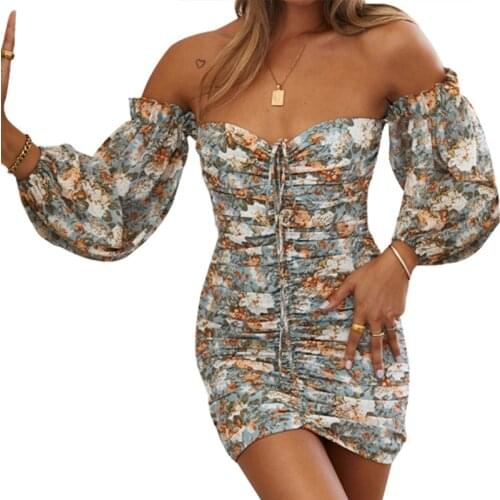 2021 New Spring Strapless Print Women Autumn Drawstring Pleated Slim Female Long Sleeve Sexy Bodycon Dress Mini Party Vestido