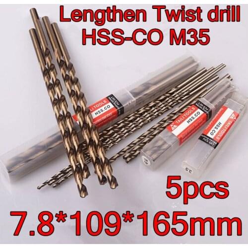 7.8*109*165mm 10pcs/set HSS CO5% M35 Containing cobalt longer twist drill Processing stainless steel and steel