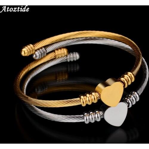 Atoztide Stainless Steel Love Heart Charm Bracelet&Bangles Gold Color Wire Open Adjustable Cuff Wristband Jewelry Gift