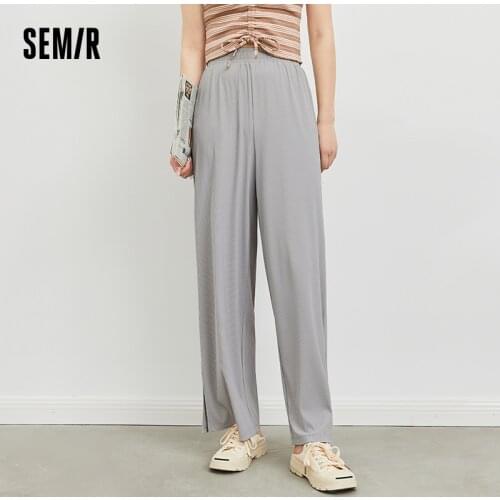 SEMIR Casual Trousers Women Stretch Knitted Loose Wide-Leg Pants Elastic Waist Vertical Strip Texture Split 2021 Summer New Styl