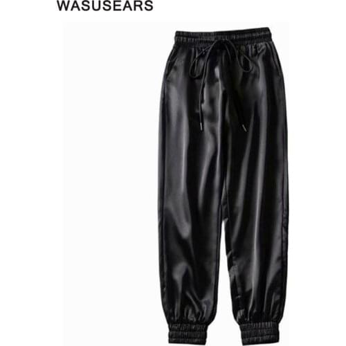 Autumn satin joggers women casual trousers elastic high waist pants pink sweat pants green satin pants women sweatpants Winter