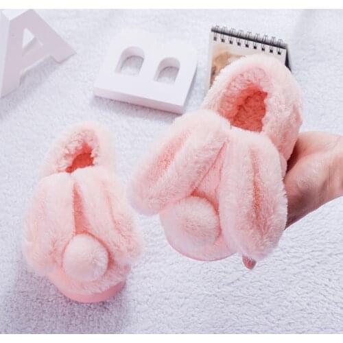Children Cotton Shoes Kids Home Slippers Boys And Girls Baby Cute Rabbit Ears Plush Ball Thickening Warm Indoor Shoes