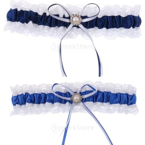 Elegant Bridal Garter Fashion Cute Women Crystal Charm Latest Brides Wedding Sexy Garters Satin Lace Bow Knot Blue