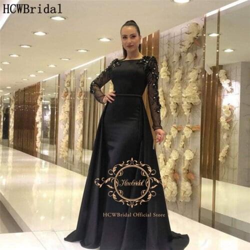 Elegant Black Mermaid Long Sleeves Arabic Evening Dress Detachable Train Chic Crystal Sheer Satin Plus Size Formal Dresses