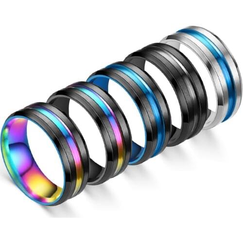 Engravable 8mm Black Ring for Men Women Groove Rainbow Titanium Steel Wedding Bands Trendy Fraternal Rings Casual Male Jewelry