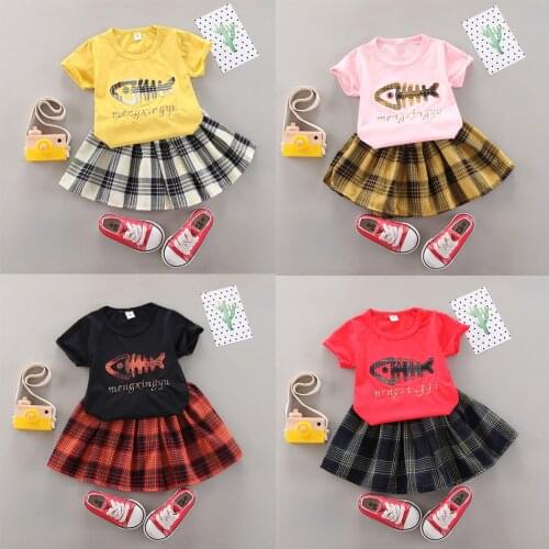 Summer Baby Girl Clothing Set Cartoon Shirt + Plaid Skirt Cartoon Kids Fish Tshirt Princess 2PCS Set JYF